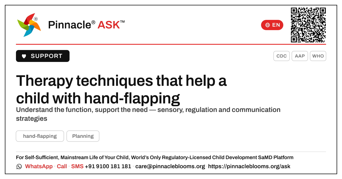 Therapy techniques for hand-flapping — Pinnacle Ask answer card with a short explanation and QR link