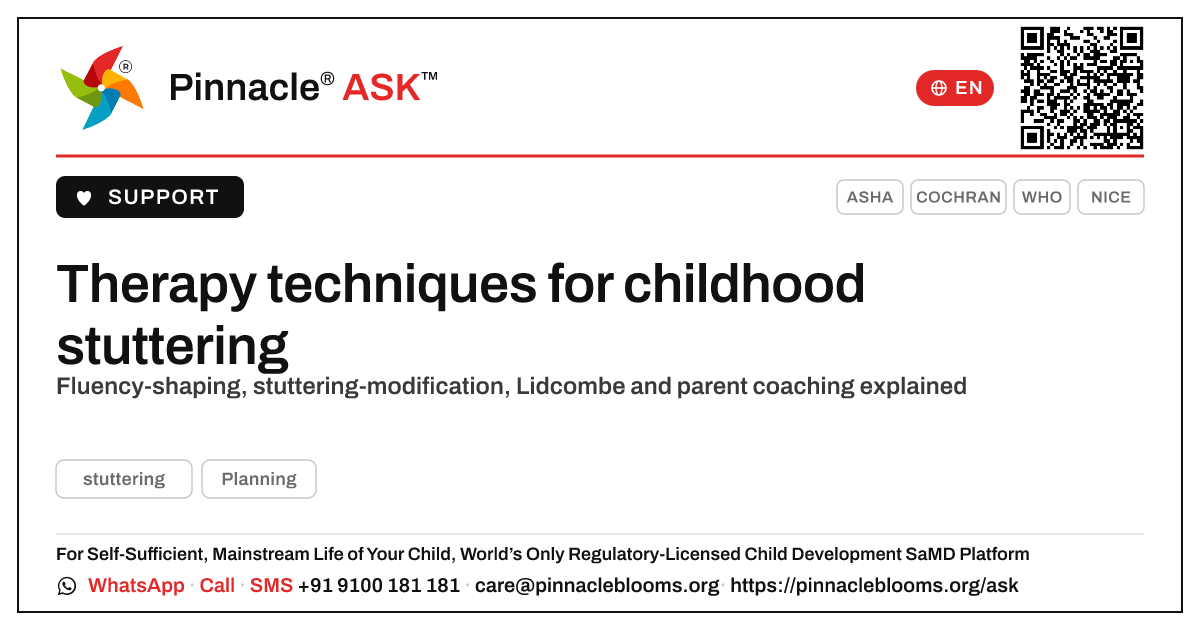 Therapy techniques that help a child who stutters — Pinnacle Ask answer card with a short explanation and QR link