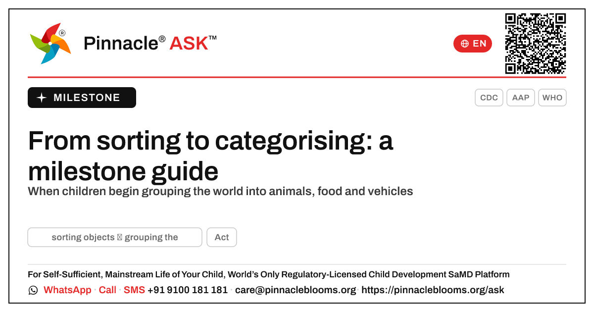 When do children move from sorting objects to grouping into categories? — Pinnacle Ask answer card with a short explanation and QR link
