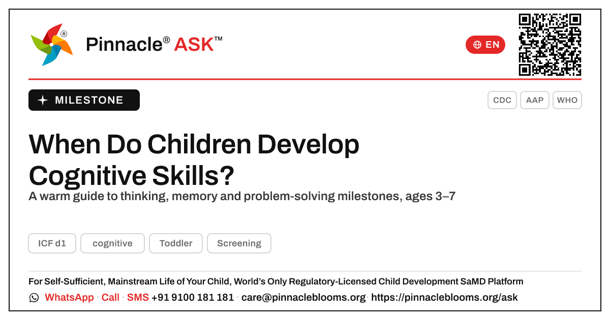 When Do Children Usually Develop Cognitive Skills? — Pinnacle Ask answer card with a short explanation and QR link