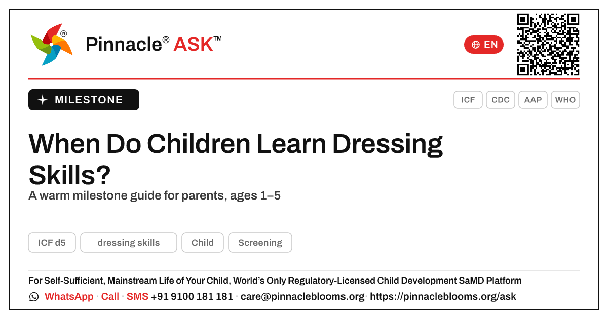When Do Children Learn Dressing Skills? — Pinnacle Ask answer card with a short explanation and QR link
