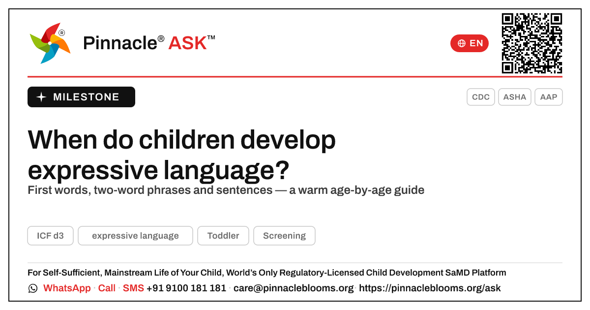 When do children usually develop expressive language? — Pinnacle Ask answer card with a short explanation and QR link