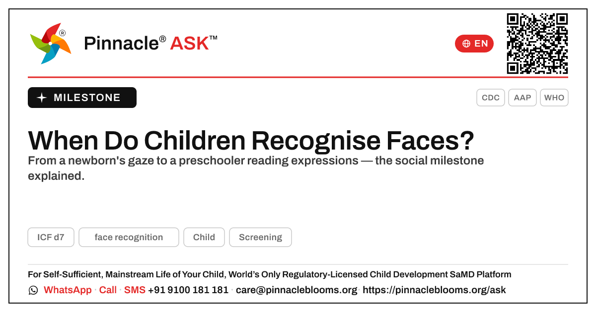 When do children usually recognise faces? — Pinnacle Ask answer card with a short explanation and QR link
