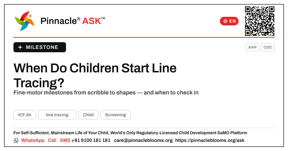 When do children usually start line tracing? — Pinnacle Ask answer card with a short explanation and QR link