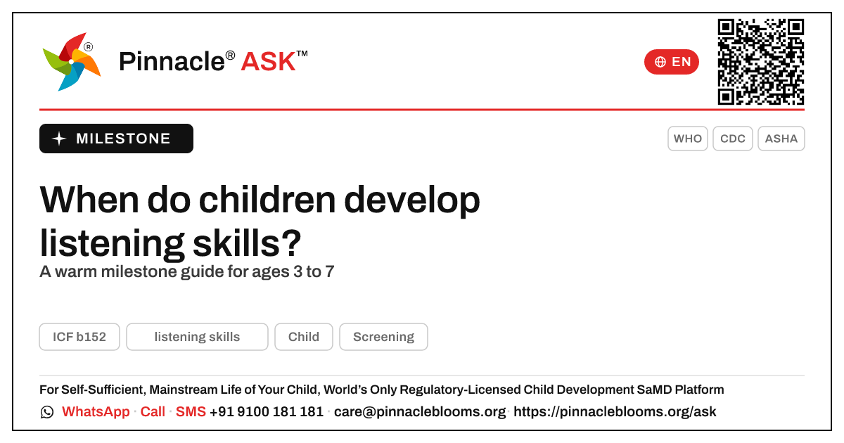 When do children usually develop listening skills? — Pinnacle Ask answer card with a short explanation and QR link