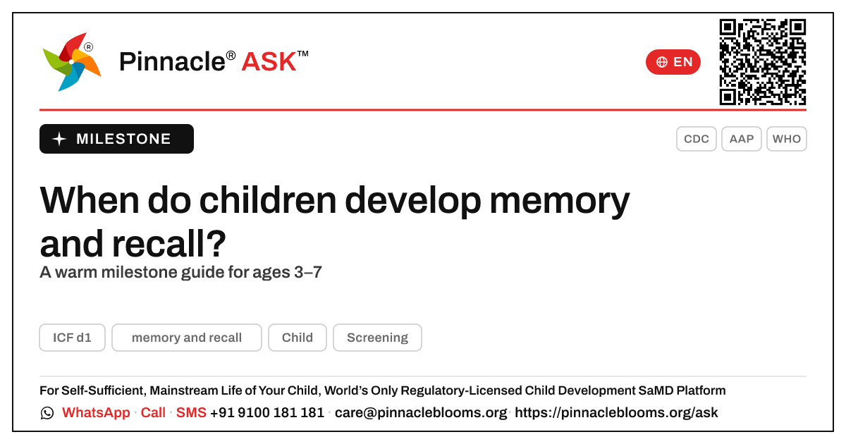 When do children usually develop memory and recall? — Pinnacle Ask answer card with a short explanation and QR link
