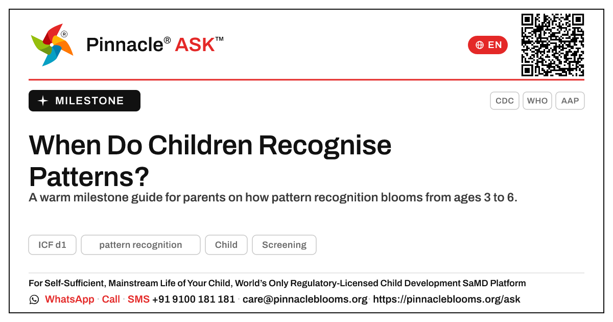 When Do Children Develop Pattern Recognition? — Pinnacle Ask answer card with a short explanation and QR link