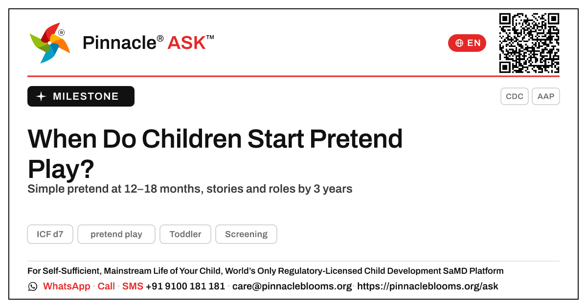 When Do Children Usually Pretend Play? — Pinnacle Ask answer card with a short explanation and QR link