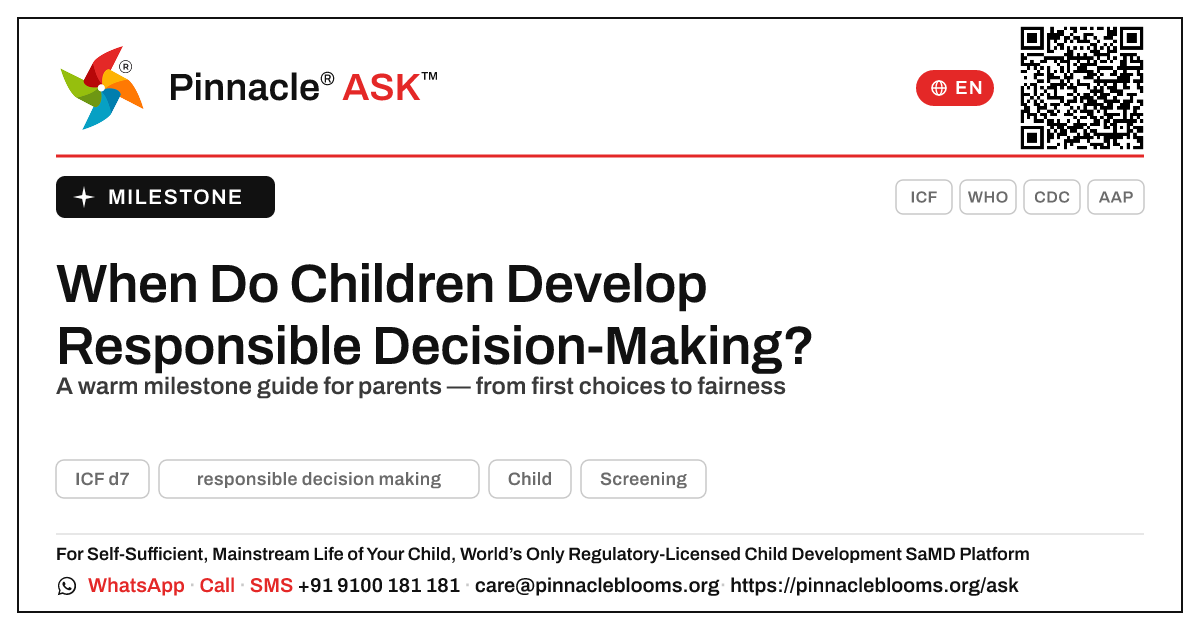 When Do Children Develop Responsible Decision-Making? — Pinnacle Ask answer card with a short explanation and QR link