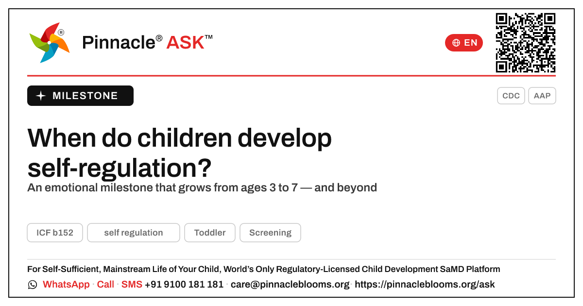 When do children usually develop self-regulation? — Pinnacle Ask answer card with a short explanation and QR link