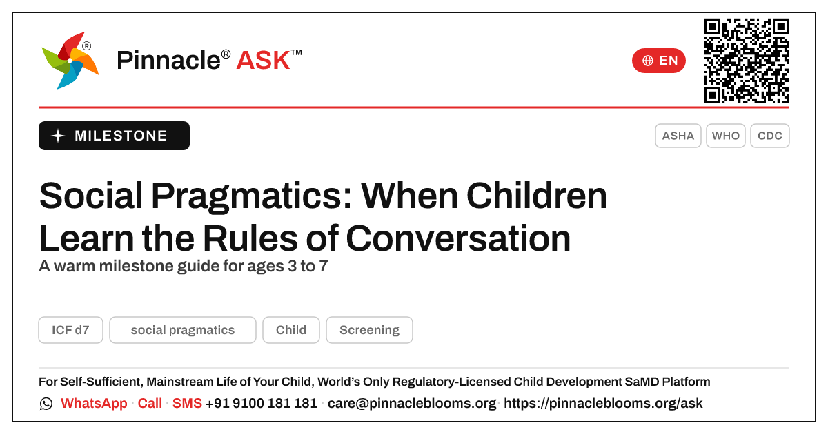 When Do Children Usually Develop Social Pragmatics? — Pinnacle Ask answer card with a short explanation and QR link