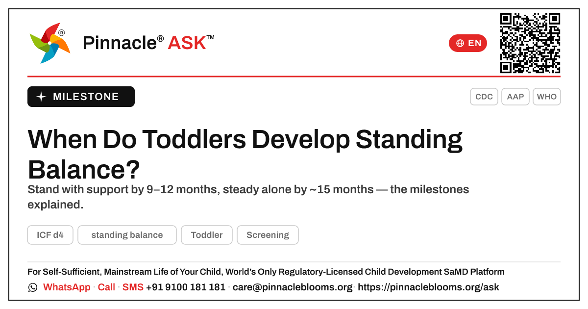 When Do Children Usually Develop Standing Balance? — Pinnacle Ask answer card with a short explanation and QR link