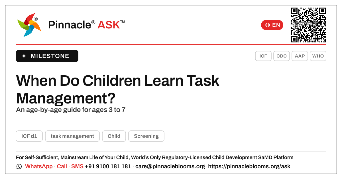 When do children usually develop task management? — Pinnacle Ask answer card with a short explanation and QR link