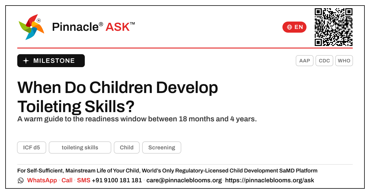 When Do Children Usually Develop Toileting Skills? — Pinnacle Ask answer card with a short explanation and QR link
