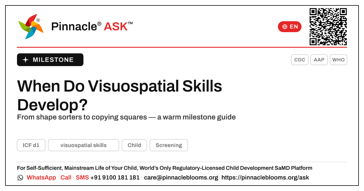 When Do Children Develop Visuospatial Skills? — Pinnacle Ask answer card with a short explanation and QR link