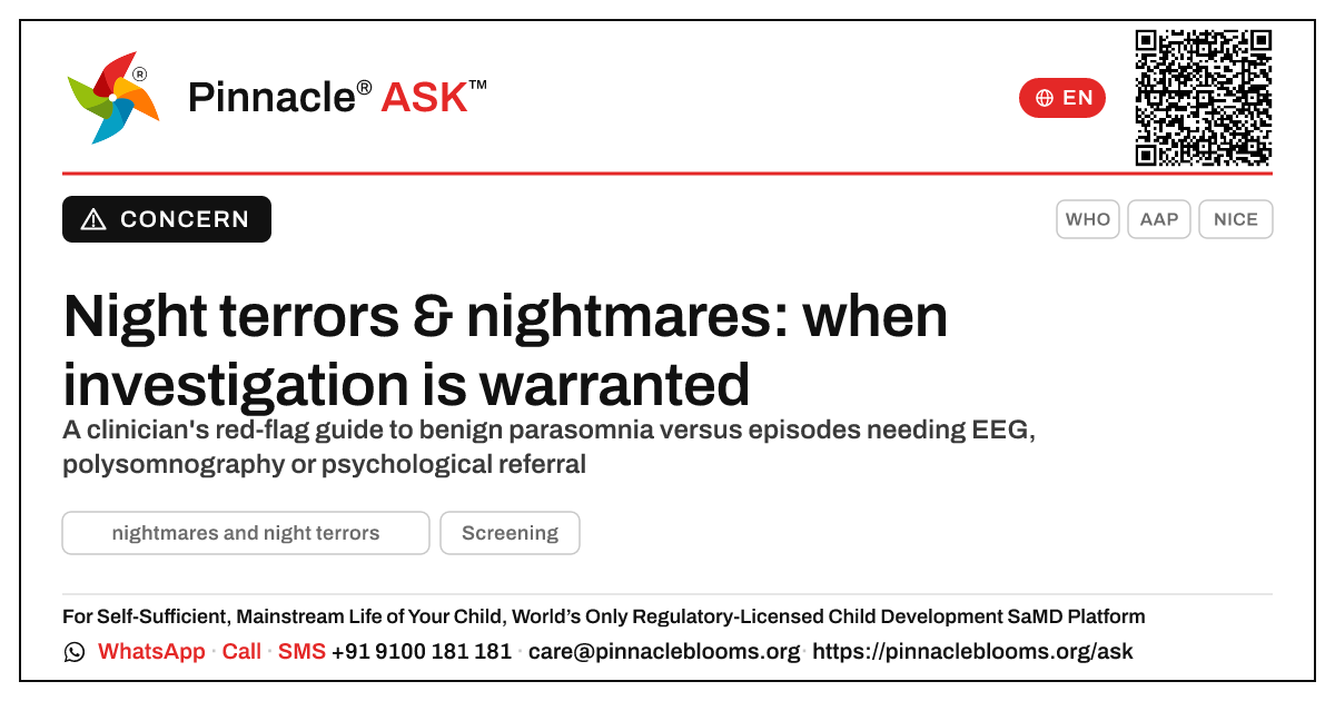 When should a doctor investigate nightmares and night terrors in a young child? — Pinnacle Ask answer card with a short explanation and QR link