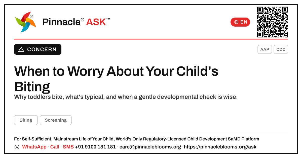 When should I worry about biting in my child? — Pinnacle Ask answer card with a short explanation and QR link