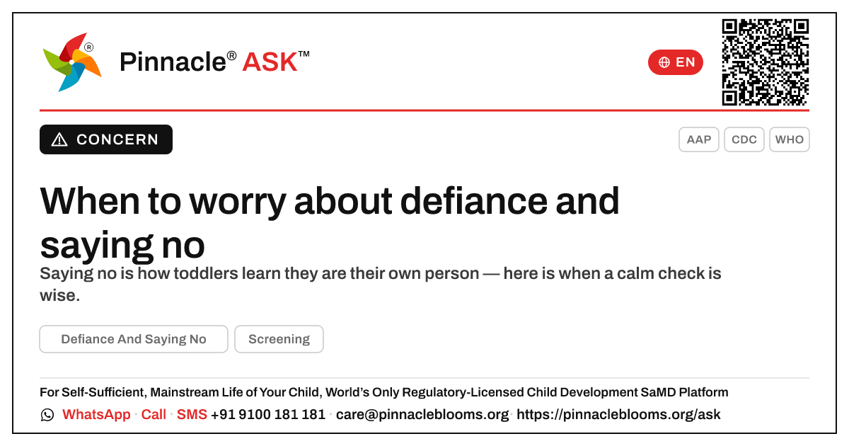 When should I worry about defiance and saying no in my child? — Pinnacle Ask answer card with a short explanation and QR link