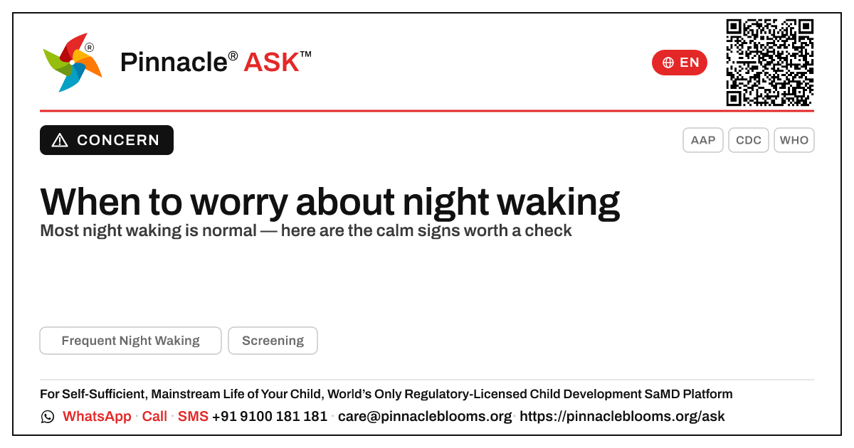 When should I worry about frequent night waking in my child? — Pinnacle Ask answer card with a short explanation and QR link