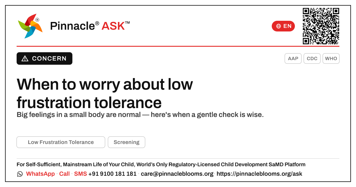 When should I worry about low frustration tolerance in my child? — Pinnacle Ask answer card with a short explanation and QR link