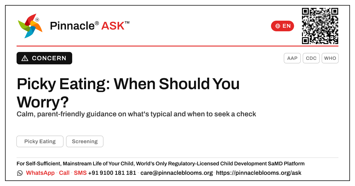 When should I worry about picky eating in my child? — Pinnacle Ask answer card with a short explanation and QR link