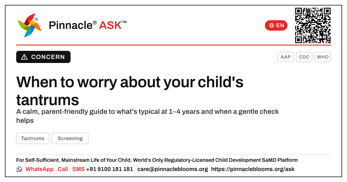 When should I worry about my child's tantrums? — Pinnacle Ask answer card with a short explanation and QR link