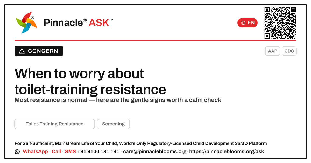 When should I worry about toilet-training resistance? — Pinnacle Ask answer card with a short explanation and QR link