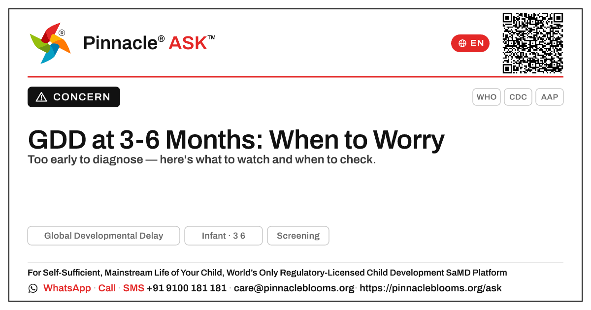 When should I worry about Global Developmental Delay at 3-6 months? — Pinnacle Ask answer card with a short explanation and QR link