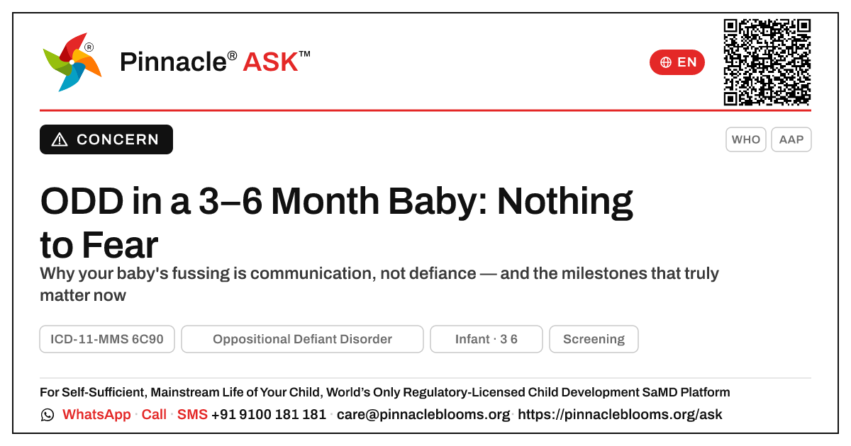 When should I worry about ODD in a 3-to-6-month-old? — Pinnacle Ask answer card with a short explanation and QR link