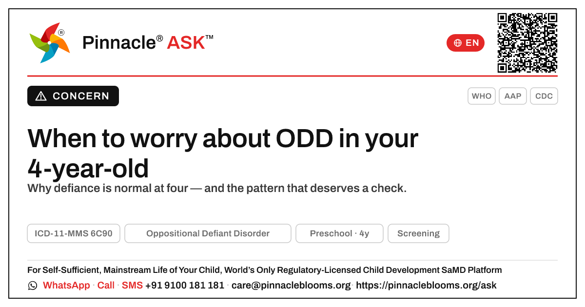 When should I worry about ODD in my 4-year-old? — Pinnacle Ask answer card with a short explanation and QR link