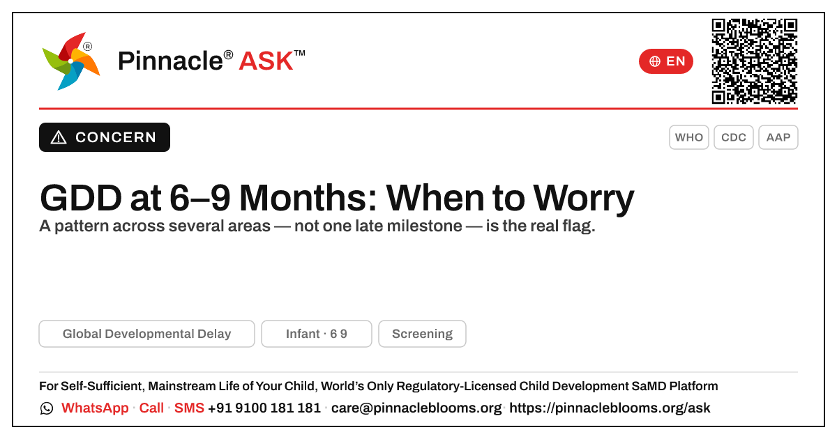 When should I worry about Global Developmental Delay at 6–9 months? — Pinnacle Ask answer card with a short explanation and QR link