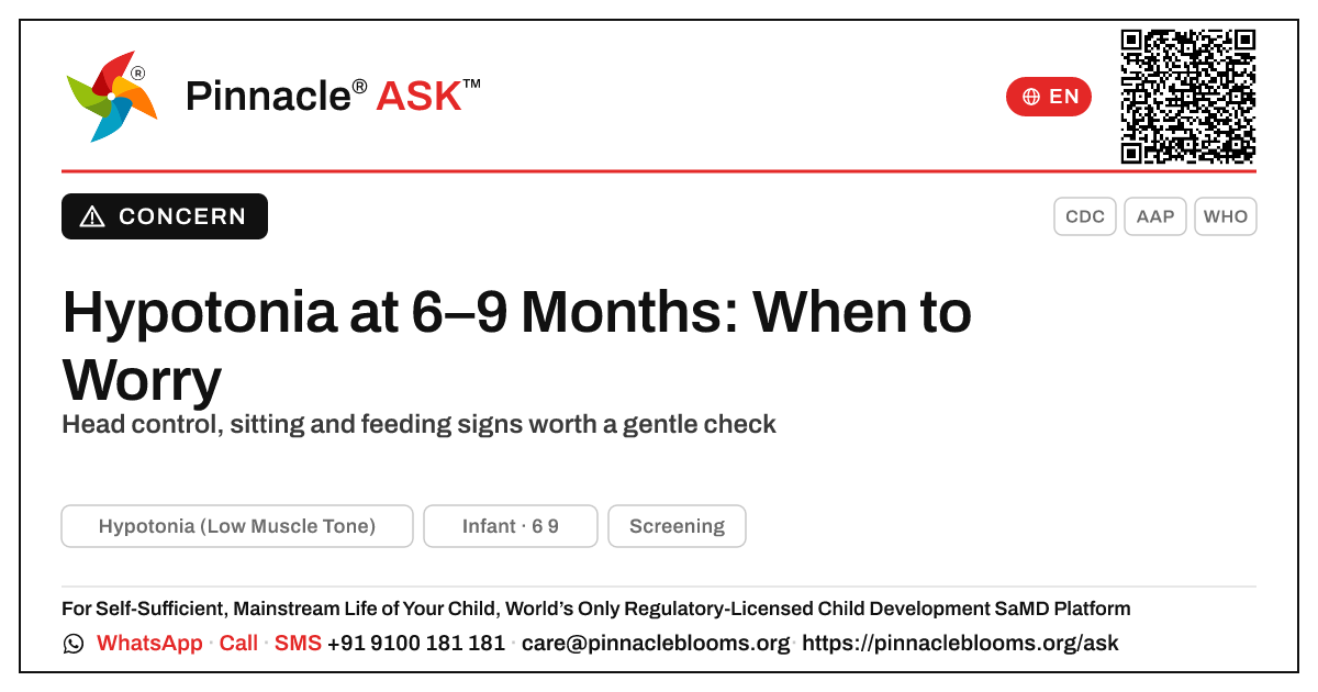 When should I worry that my 6-to-9-month-old might have hypotonia? — Pinnacle Ask answer card with a short explanation and QR link