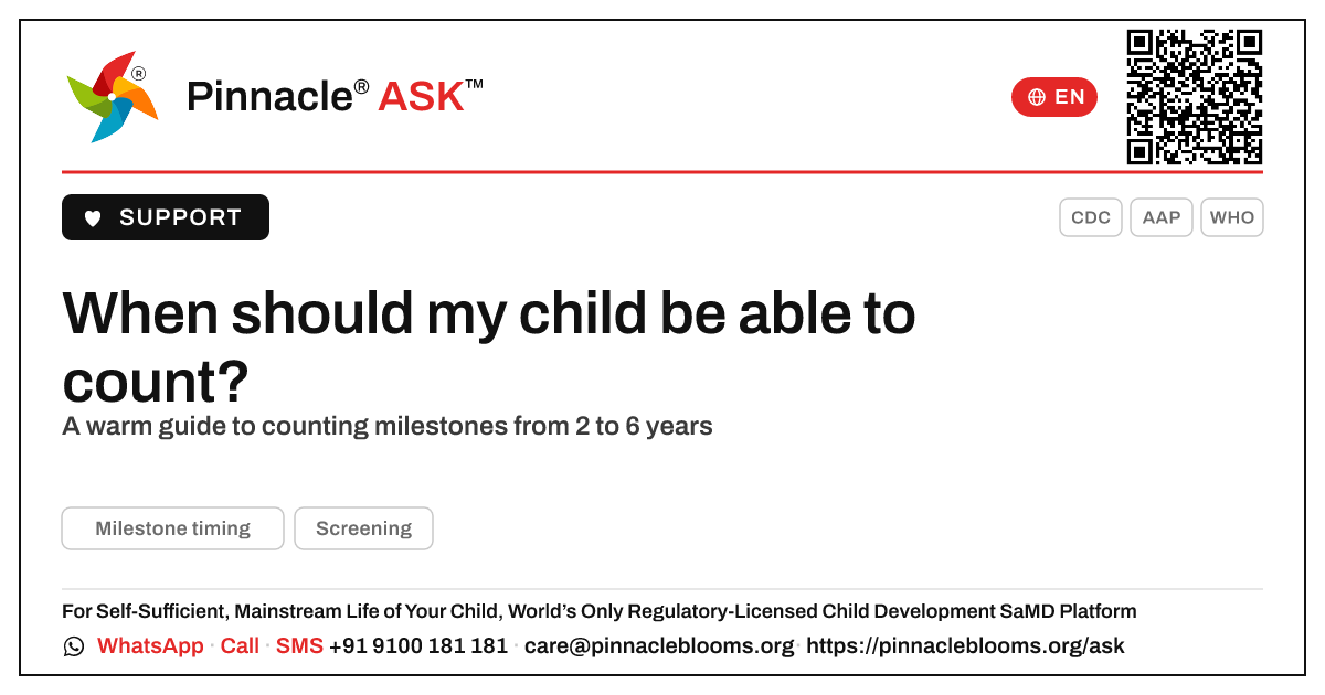 When should my child be able to count? — Pinnacle Ask answer card with a short explanation and QR link