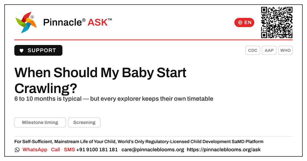 When should my child start crawling? — Pinnacle Ask answer card with a short explanation and QR link