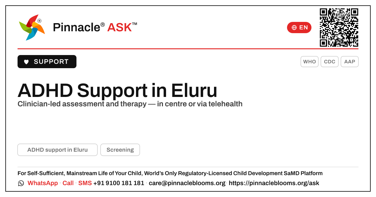 Where can I find ADHD support in Eluru? — Pinnacle Ask answer card with a short explanation and QR link