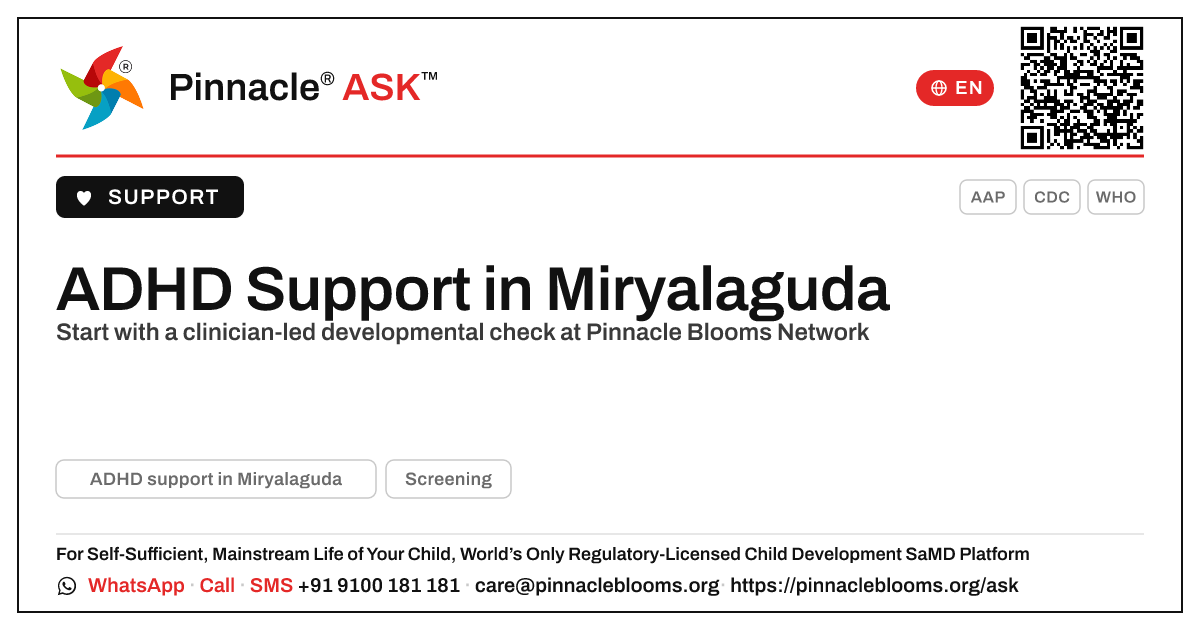 Where can I find ADHD support in Miryalaguda? — Pinnacle Ask answer card with a short explanation and QR link