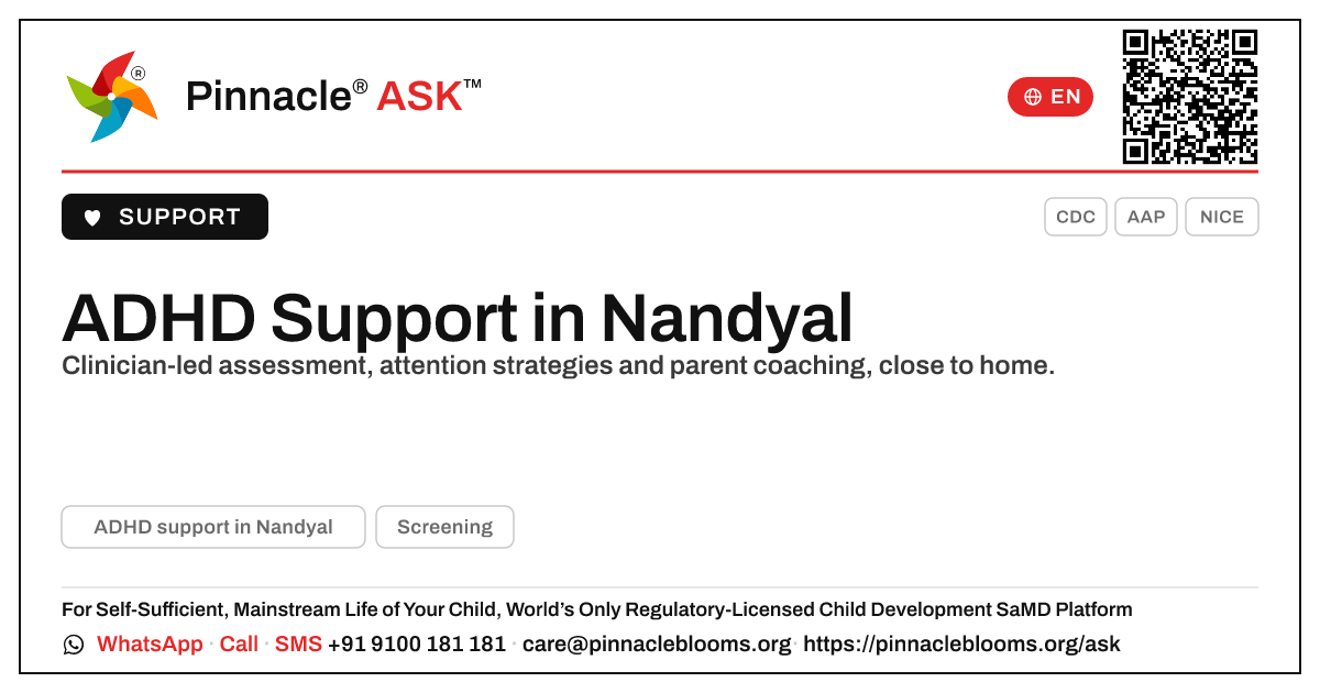 Where can I find ADHD support in Nandyal? — Pinnacle Ask answer card with a short explanation and QR link