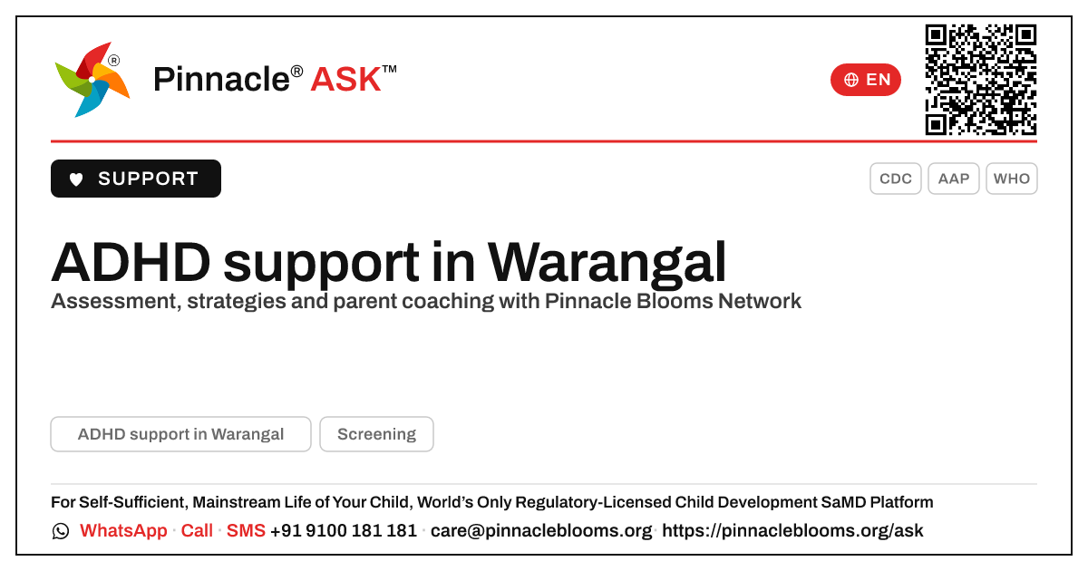 Where can I find ADHD support in Warangal? — Pinnacle Ask answer card with a short explanation and QR link