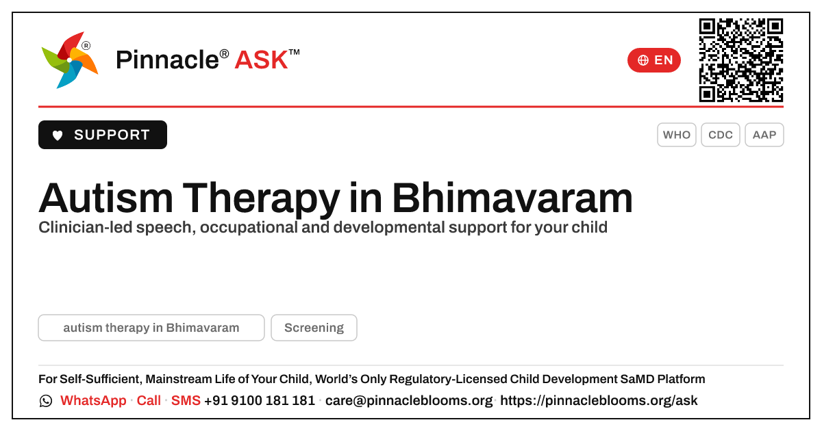Where can I find autism therapy in Bhimavaram? — Pinnacle Ask answer card with a short explanation and QR link