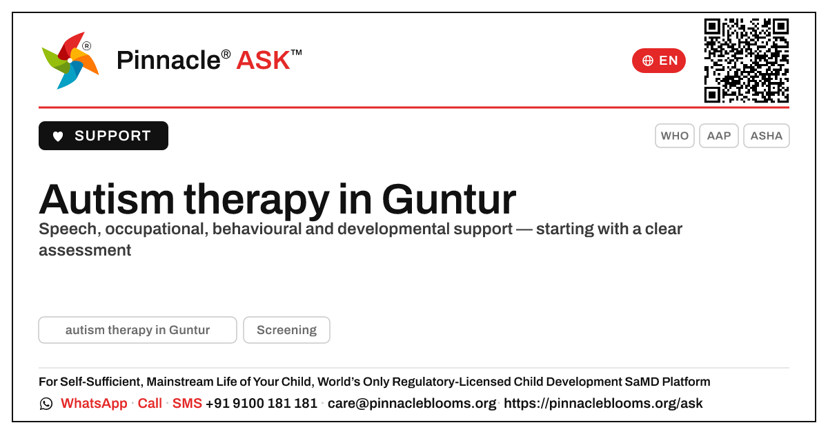 Where can I find autism therapy in Guntur? — Pinnacle Ask answer card with a short explanation and QR link