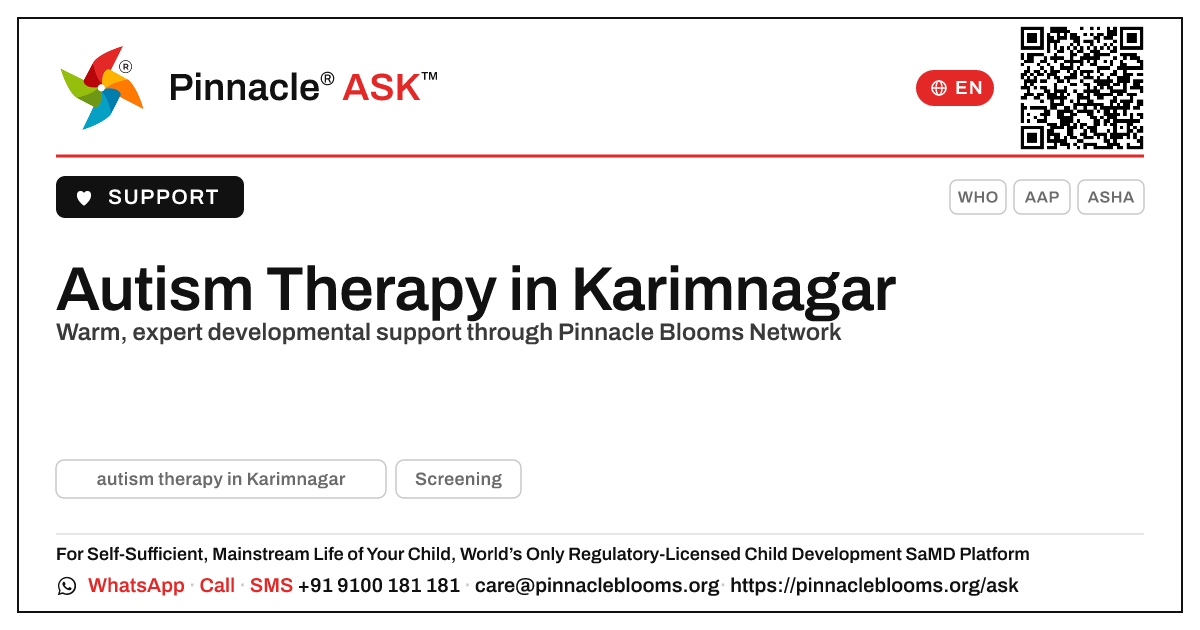 Where can I find autism therapy in Karimnagar? — Pinnacle Ask answer card with a short explanation and QR link