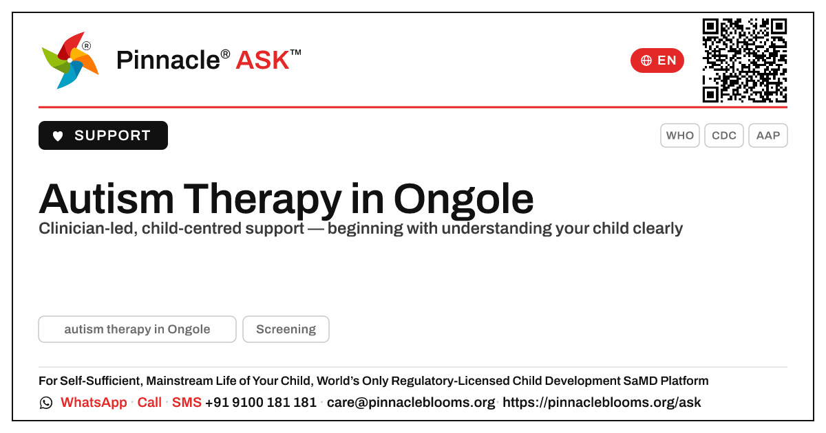 Where can I find autism therapy in Ongole? — Pinnacle Ask answer card with a short explanation and QR link