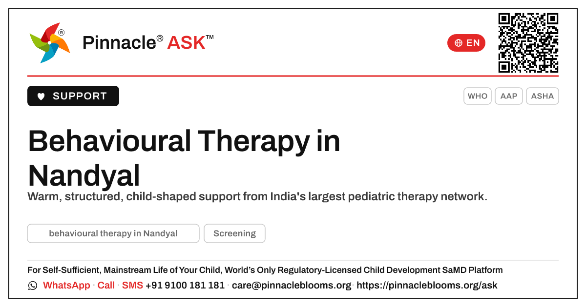 Where can I find behavioural therapy in Nandyal? — Pinnacle Ask answer card with a short explanation and QR link