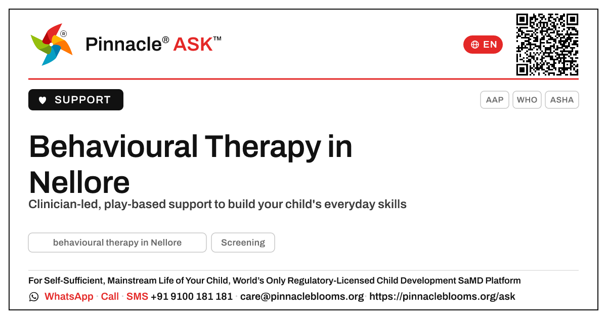 Where can I find behavioural therapy in Nellore? — Pinnacle Ask answer card with a short explanation and QR link
