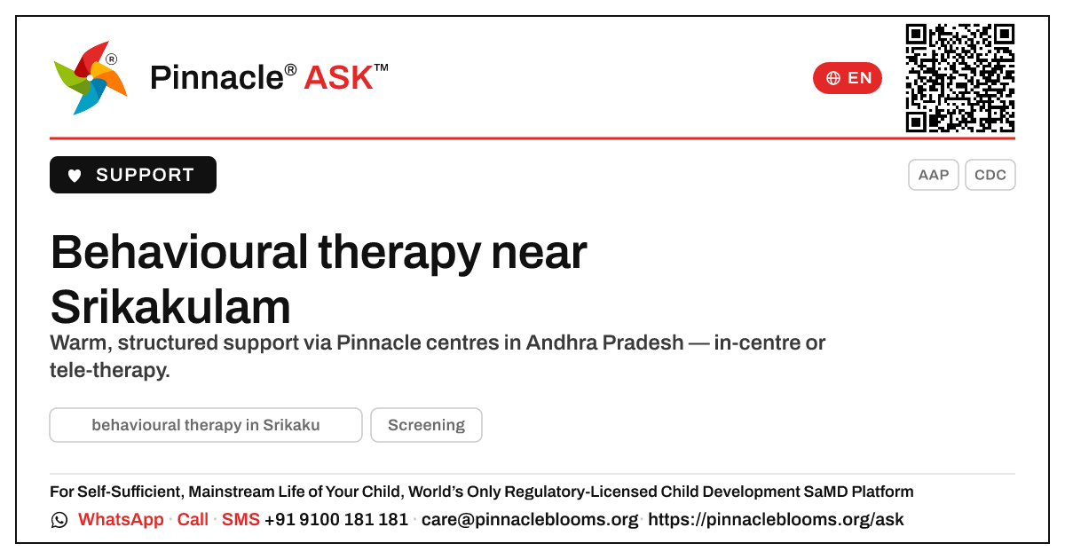 Where can I find behavioural therapy in Srikakulam? — Pinnacle Ask answer card with a short explanation and QR link