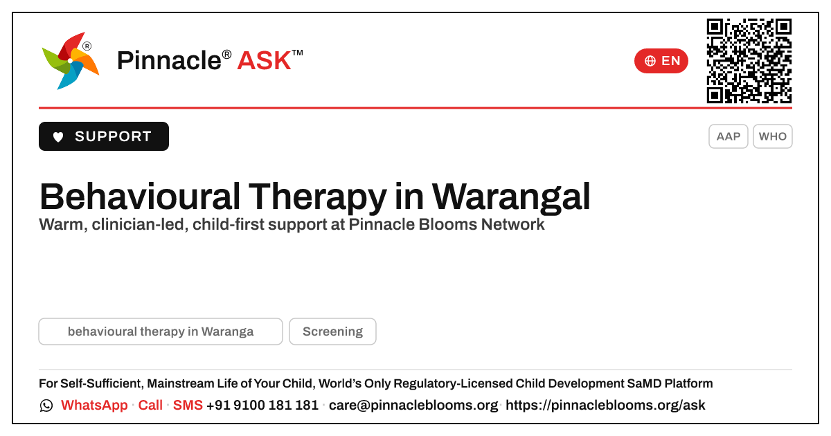 Where can I find behavioural therapy in Warangal? — Pinnacle Ask answer card with a short explanation and QR link