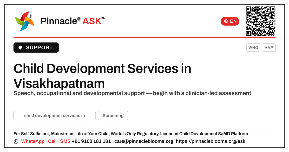 Where can I find child development services in Visakhapatnam? — Pinnacle Ask answer card with a short explanation and QR link