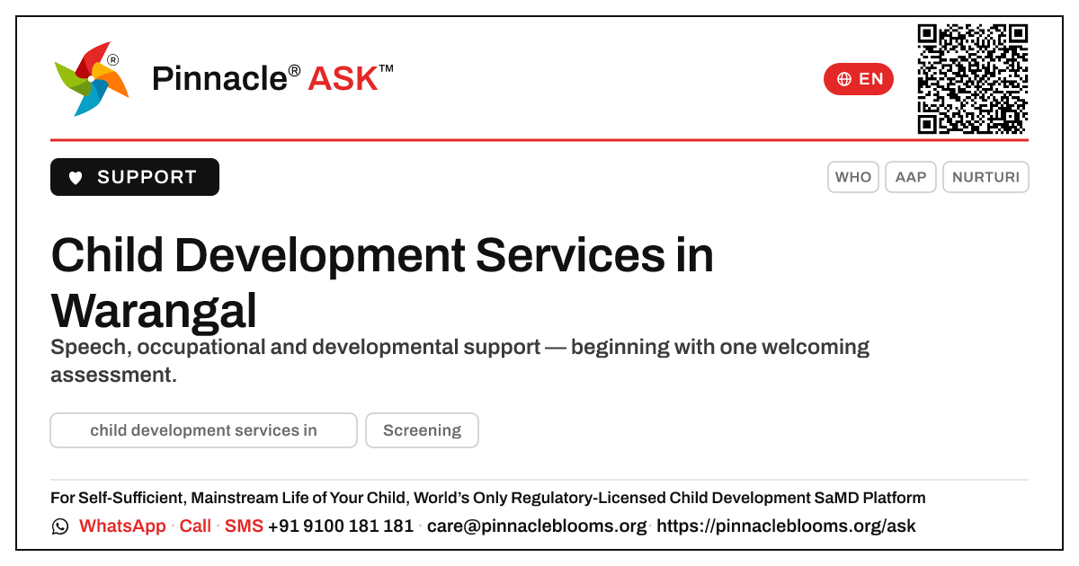 Where can I find child development services in Warangal? — Pinnacle Ask answer card with a short explanation and QR link
