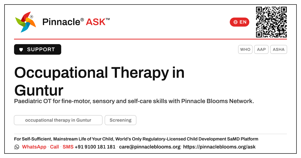 Where can I find occupational therapy in Guntur? — Pinnacle Ask answer card with a short explanation and QR link