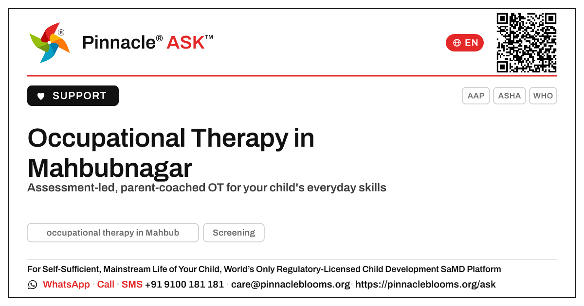 Where can I find occupational therapy in Mahbubnagar? — Pinnacle Ask answer card with a short explanation and QR link
